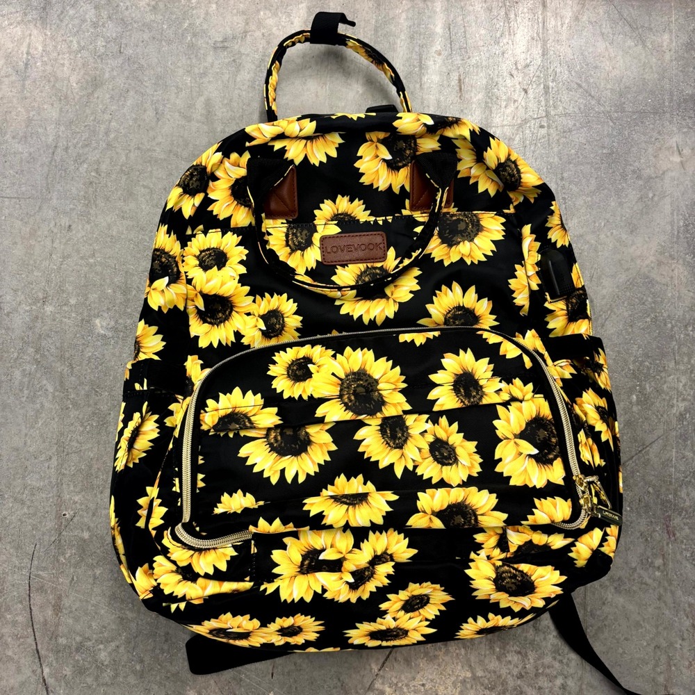 LOVEOOK Sunflower Laptop Backpack Women Black Yellow Floral USB Charging